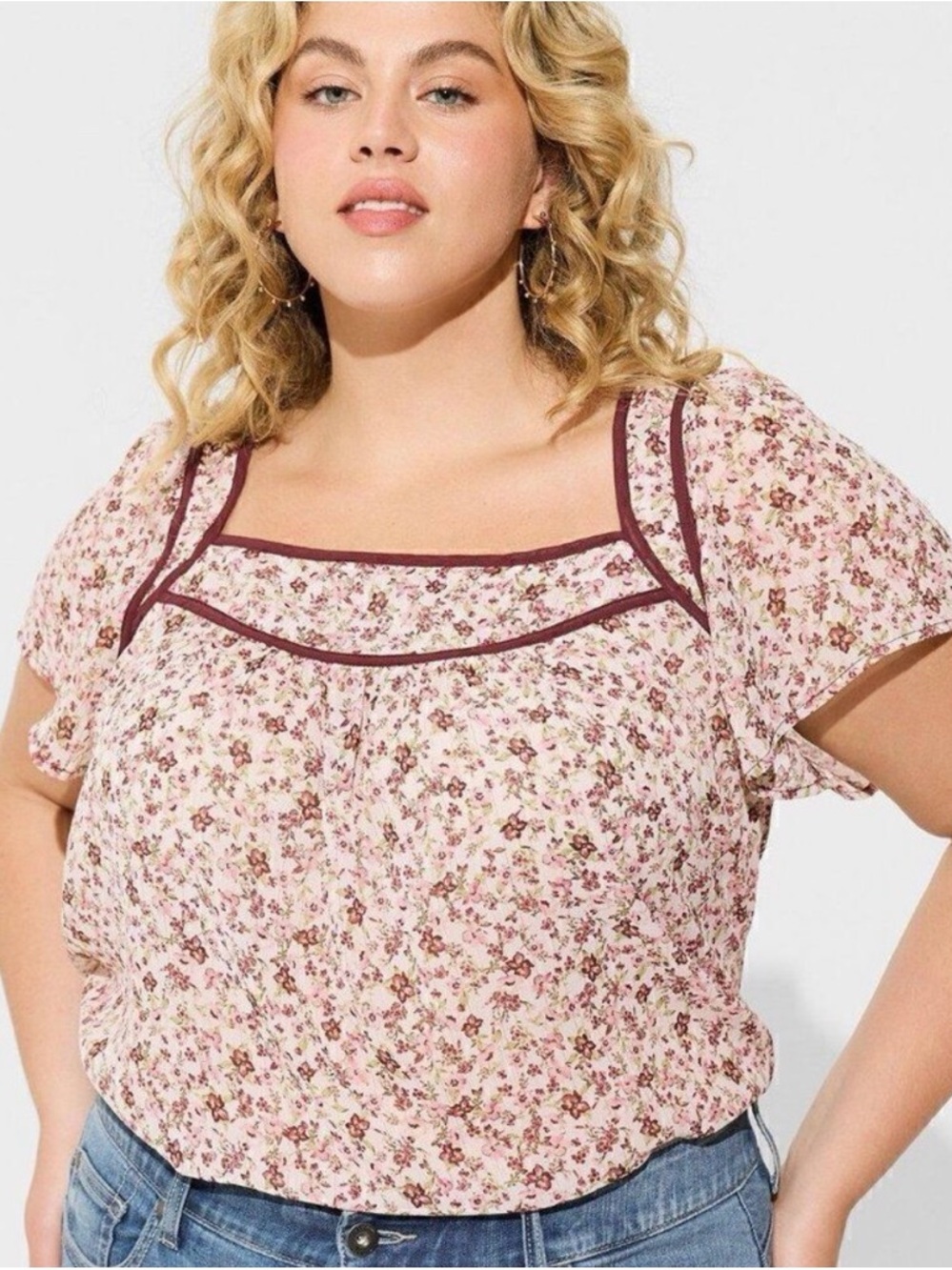 torrid Pink Floral Scoop-Neck Blouse with Burgundy Trim